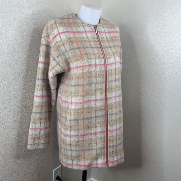 Bernardo Collarless Plaid Topper Full Zip Wool Blend Jacket Womens Sz S Pink Tan - Picture 2 of 9